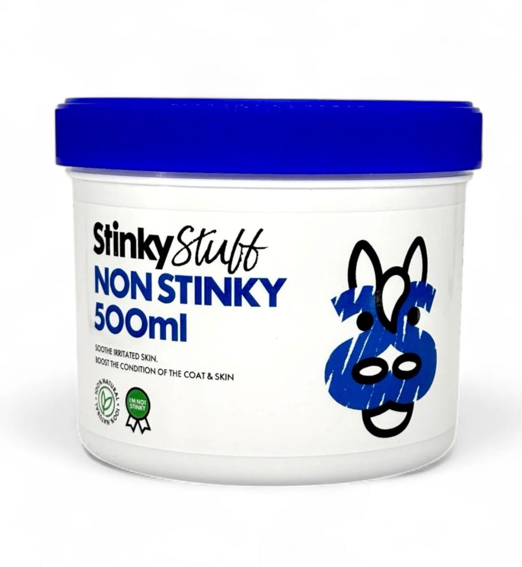 Jar of 'Stinky Stuff Non Stinky' with blue lid and white body on a white background