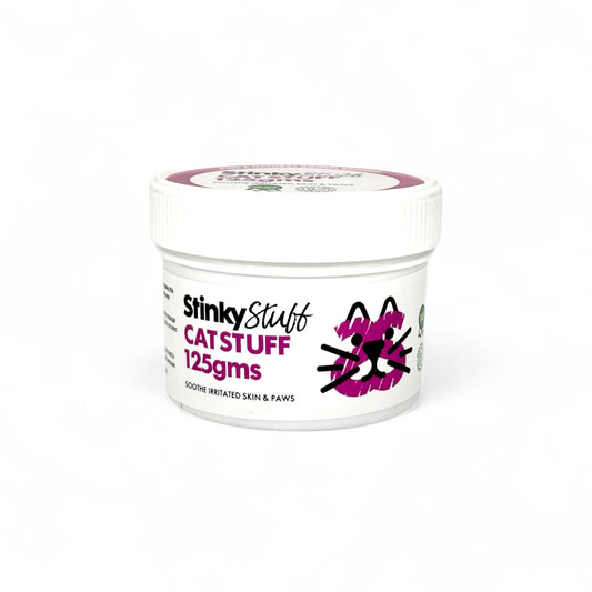 Jar of 'Stinky Stuff Cat Stuff' on a white background