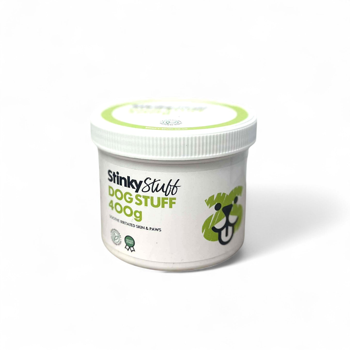 Container of 'Stinky Stuff' dog product on a white background