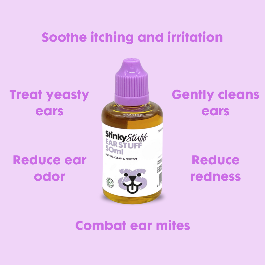 Stinky Stuff Ear Stuff on a purple background with text about ear care benefits. Included in itchy relief bundle. 