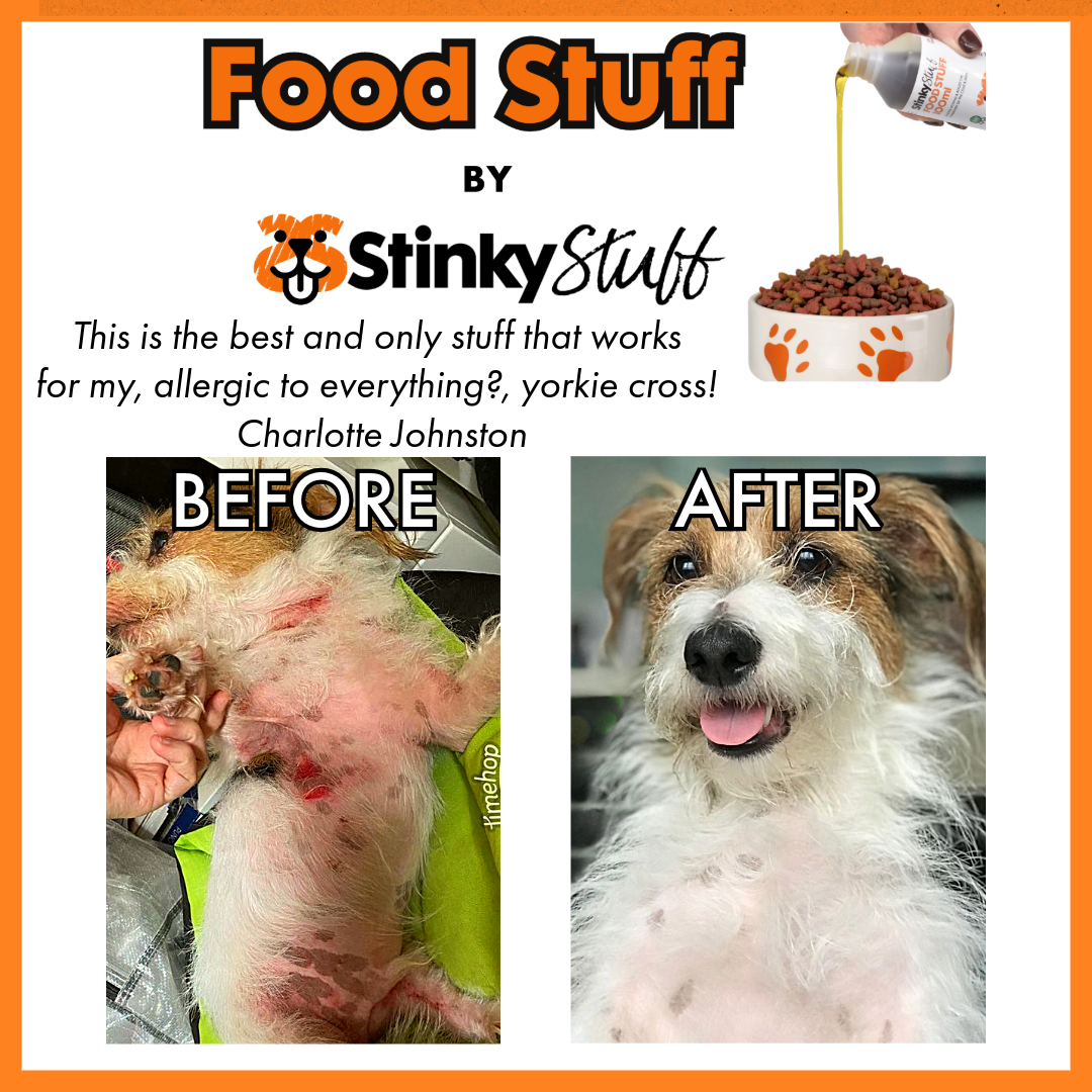 Before and after comparison of a dog with 'Stinky Stuff' product, featuring a brand logo and product imagery.