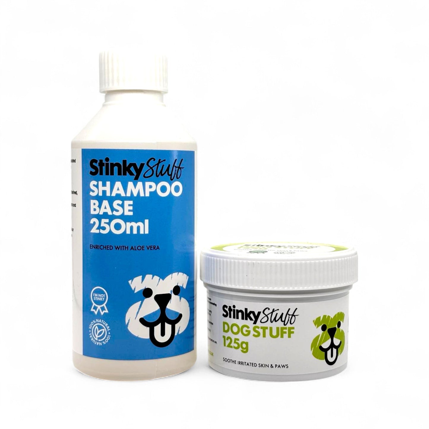 Stinky Stuff shampoo base and dog stuff product on a white background