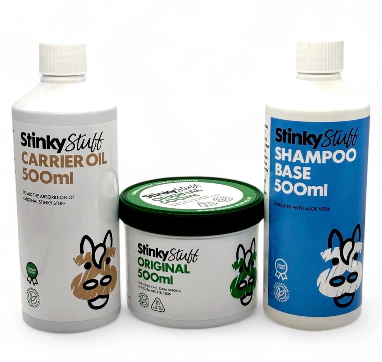 Three 'Stinky Stuff' products including carrier oil, shampoo base, and original on a white background