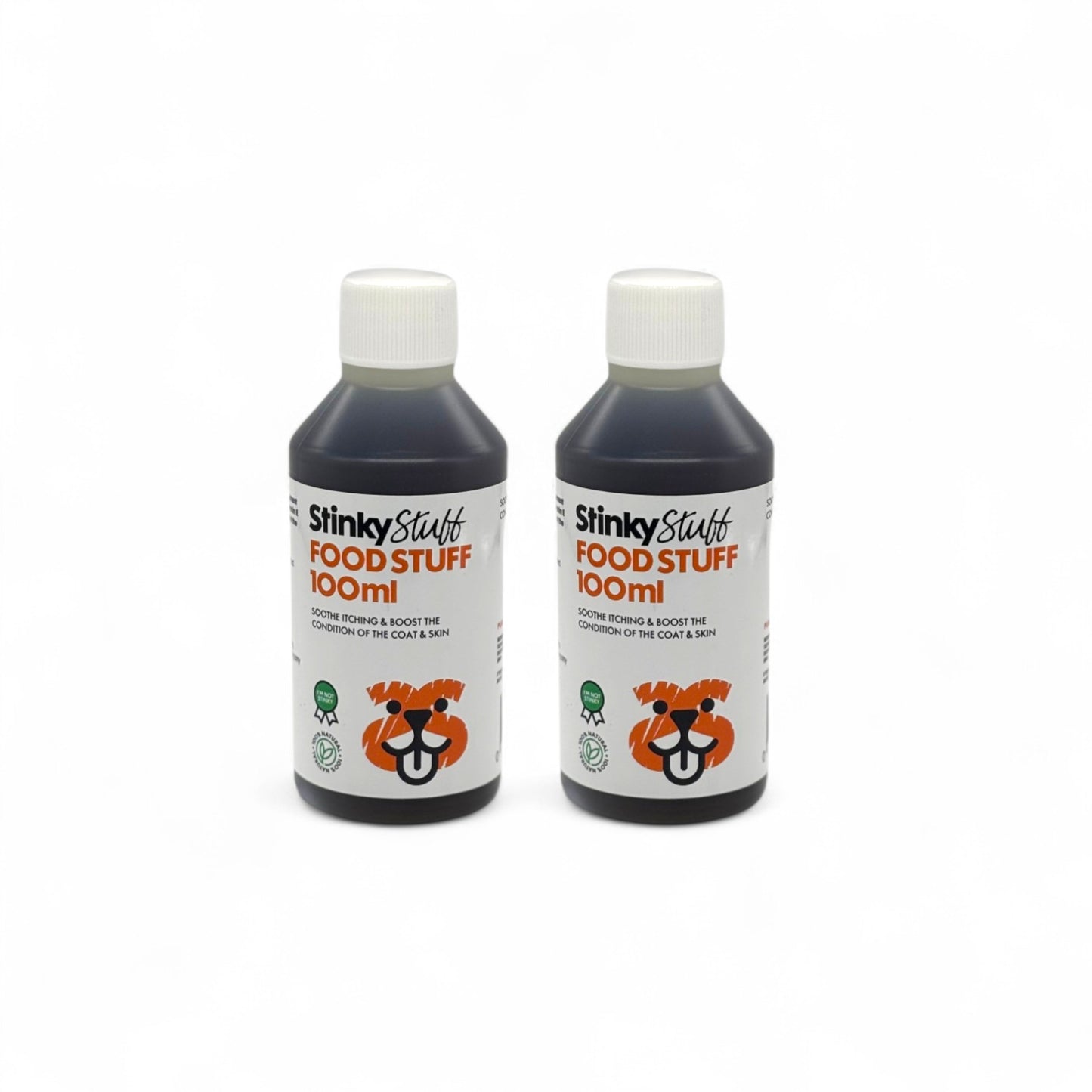 Two bottles of Stinky Stuff Food Stuff 100ml on a white background